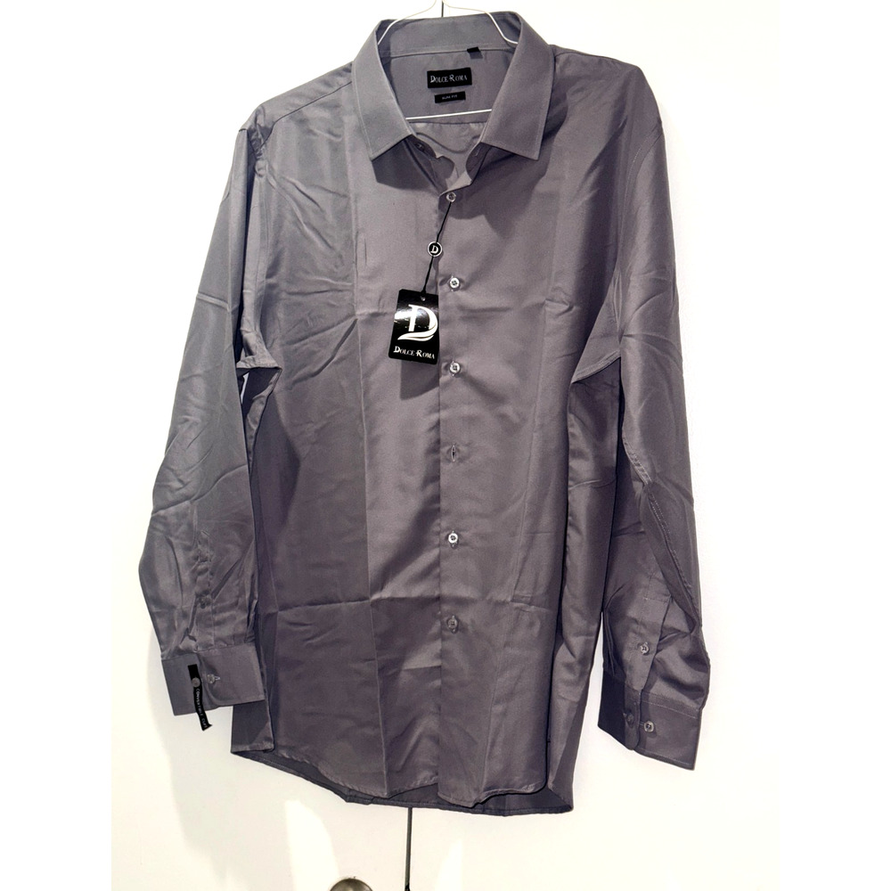 Dolce Roma Slim Fit Dress Shirt Men L Gray Long Sleeve Button Up Formal NWT